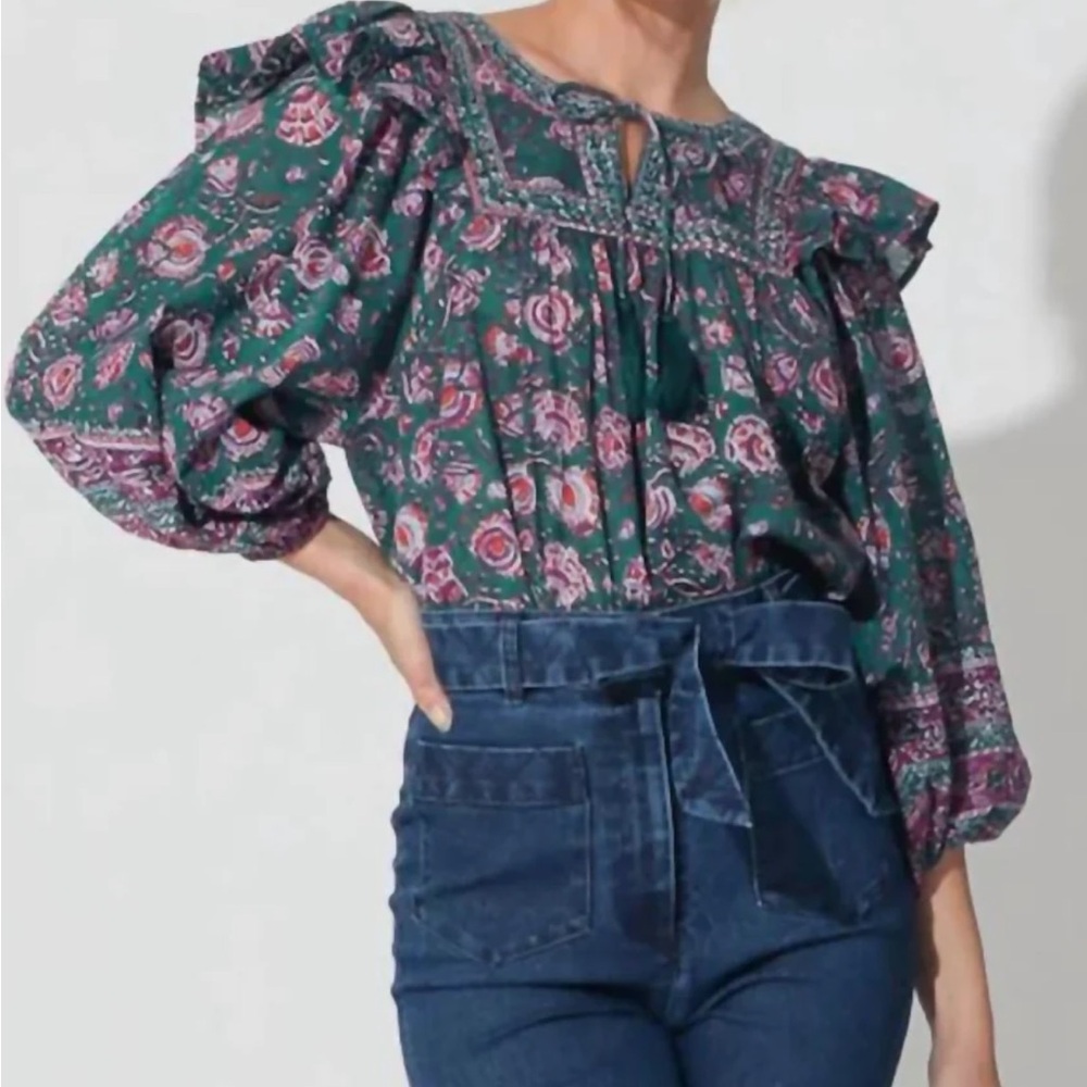 Cleobella Mylah Blouse-Floral Jade Blouse with Ruffle Sleeves. NWT